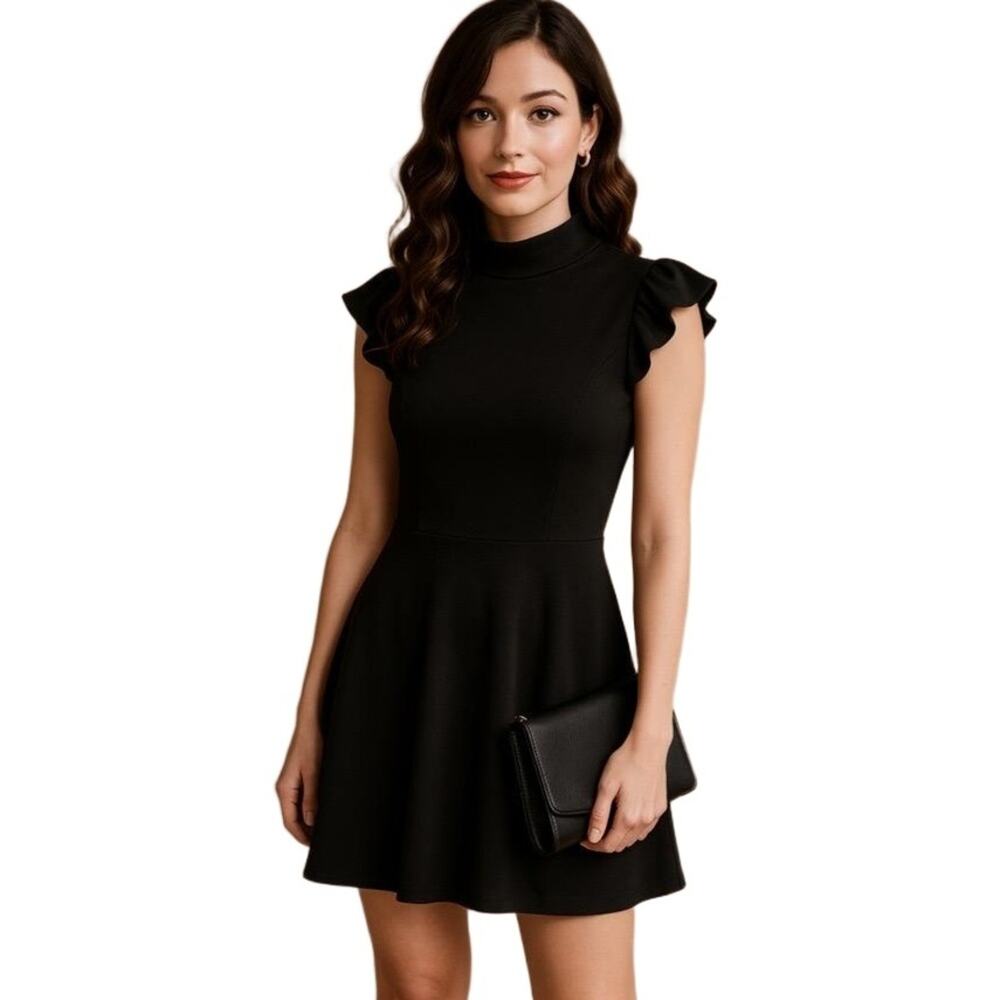 Trixxi Francesca’s Black Mock Neck Ruffle Sleeve Fit & Flare Mini Dress S